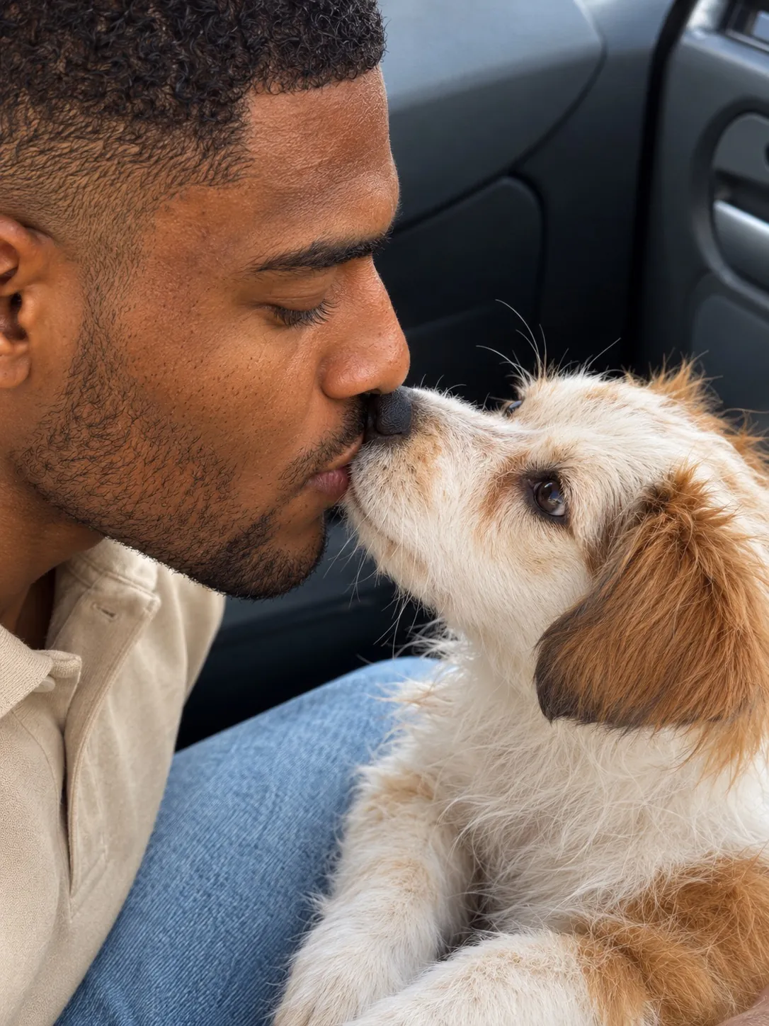 Ayo and Boo touching noses in the car
