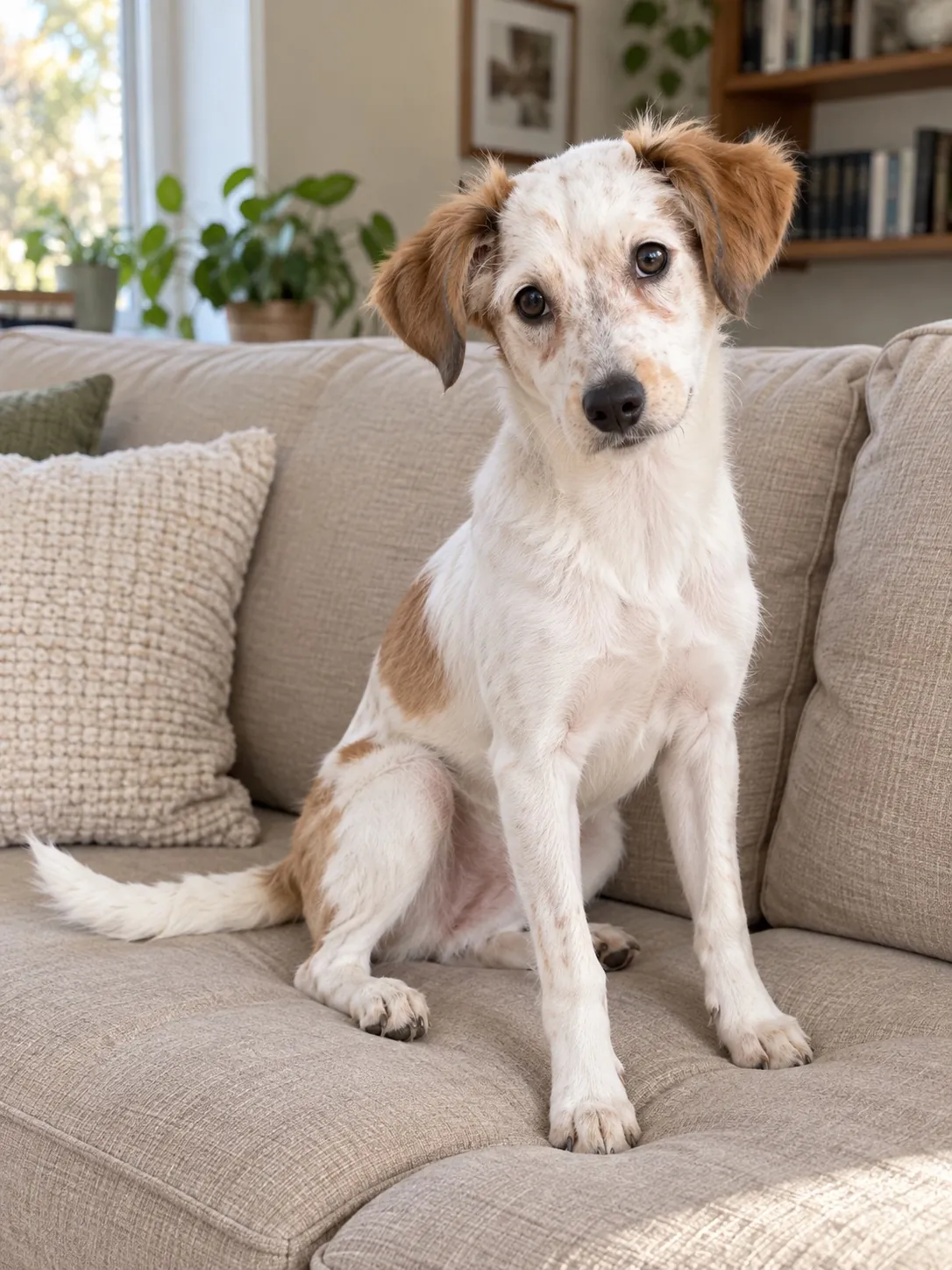 Boo sitting upright on a linen sofa at home