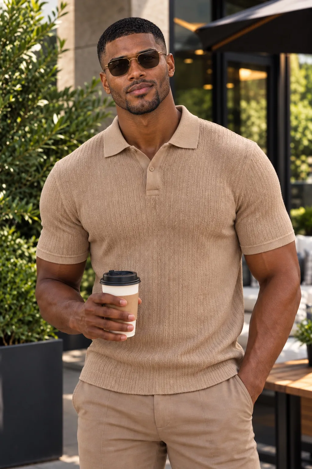 Ayo in a camel knit polo and sunglasses holding a coffee outside a café