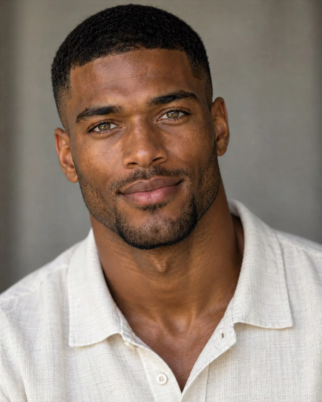 Ayo with a quiet half-smile, cream linen shirt