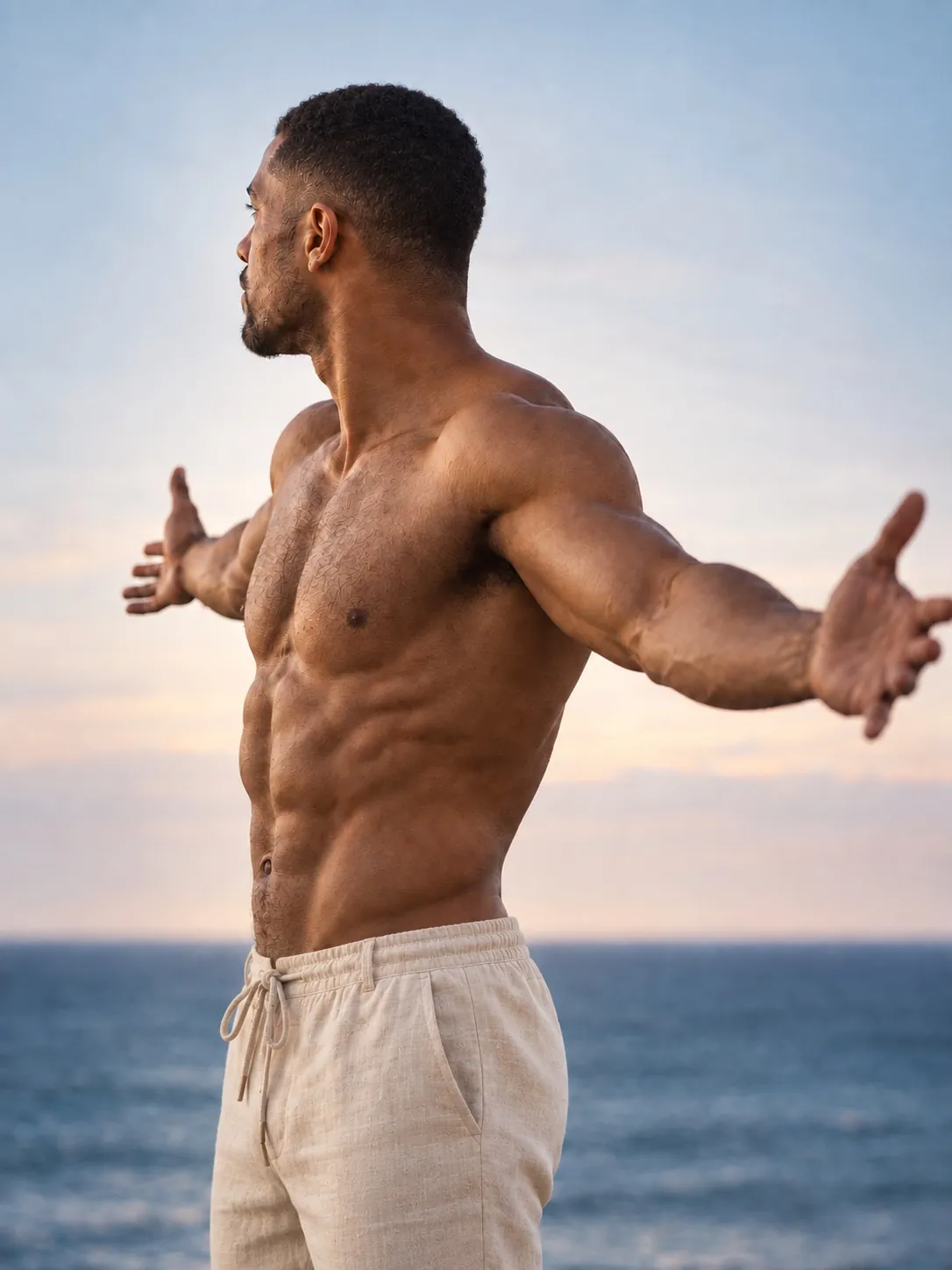 Ayo standing by the ocean at dusk with his arms open wide