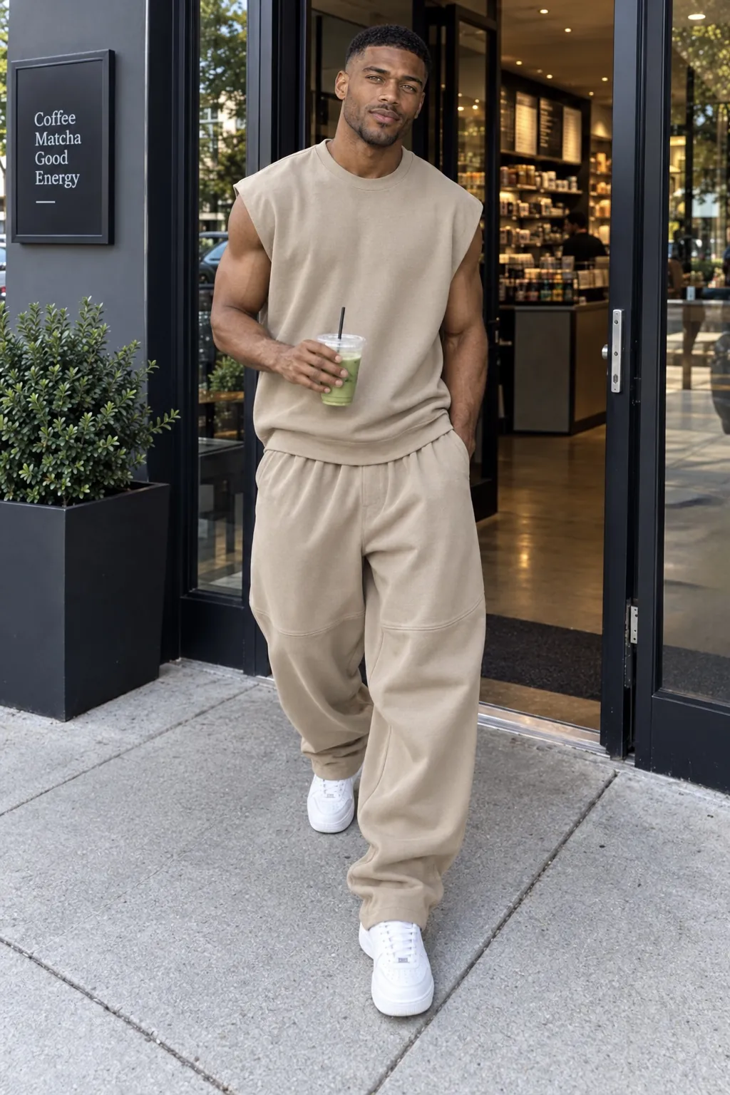 Ayo in a sand-coloured knit set walking out of a café with an iced matcha