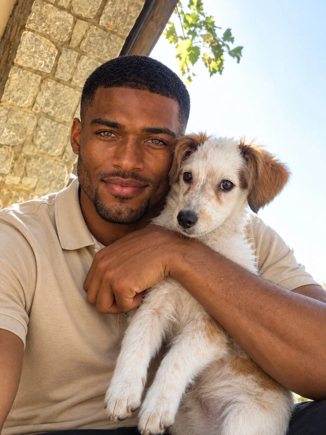 Ayo holding Boo close under a stone arch